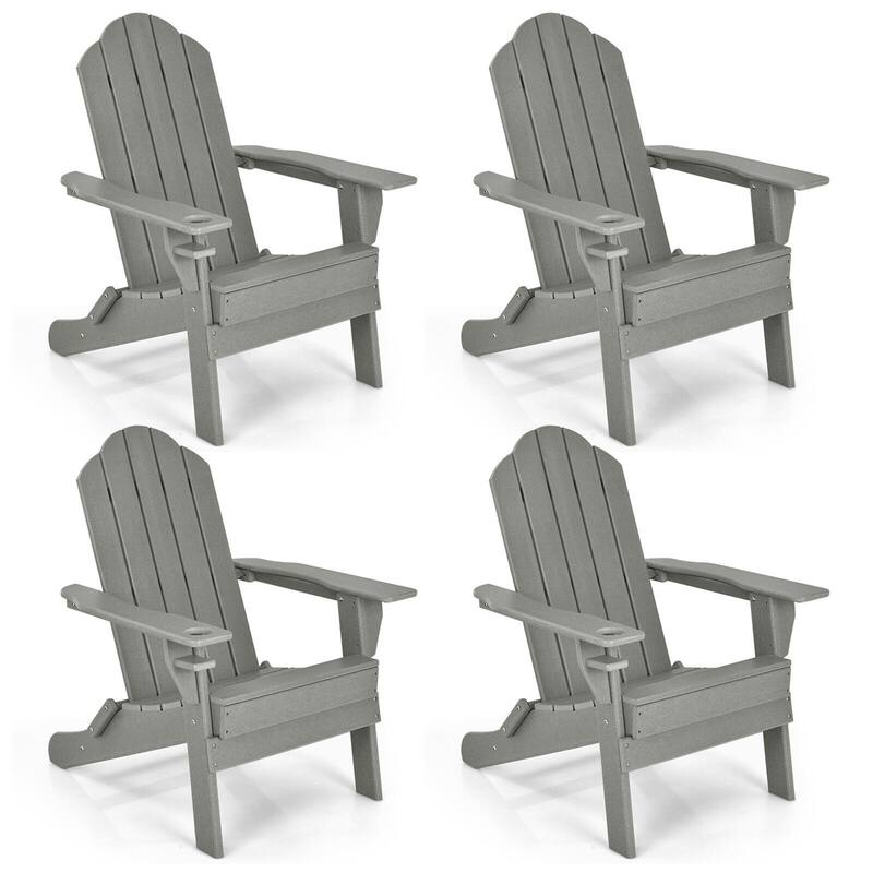Gymax 4PCS Patio Folding Adirondack Chair Weather Resistant Cup Holder - Grey