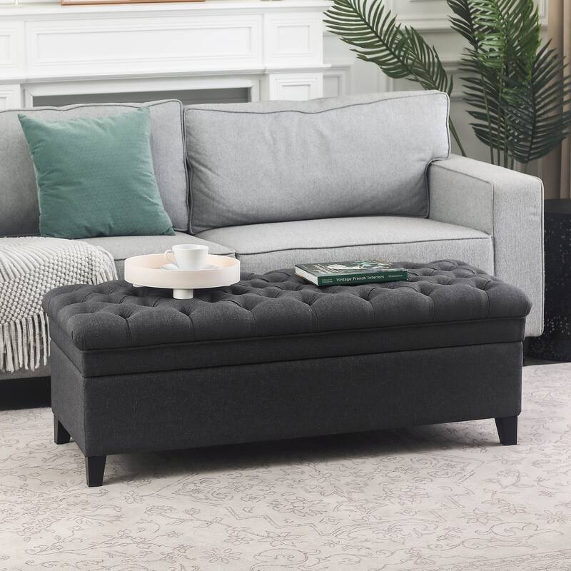 Adeco Linen Rectangle Storage Ottoman for Living Room Bedroom