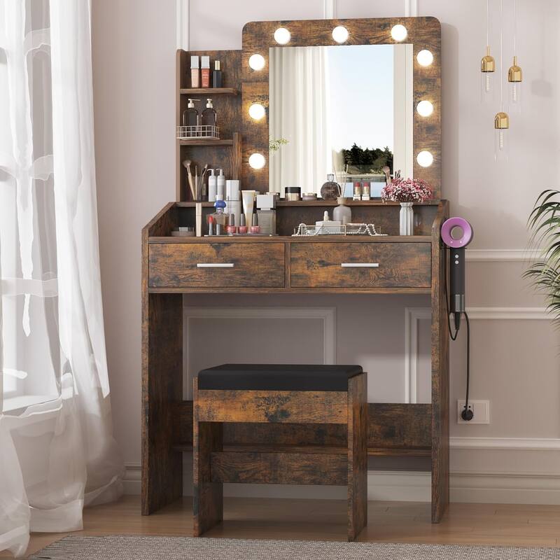 Vanity Desk with Mirror and Lights, Makeup Vanity with Power Outlet & Cushioned Stool - Rustic Brown