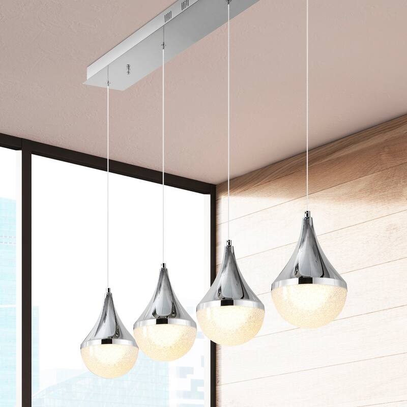 Mario Teardrop Modern Mid-Century Iron/Acrylic Integrated Linear LED Pendant, Chrome/White by JONATHAN Y