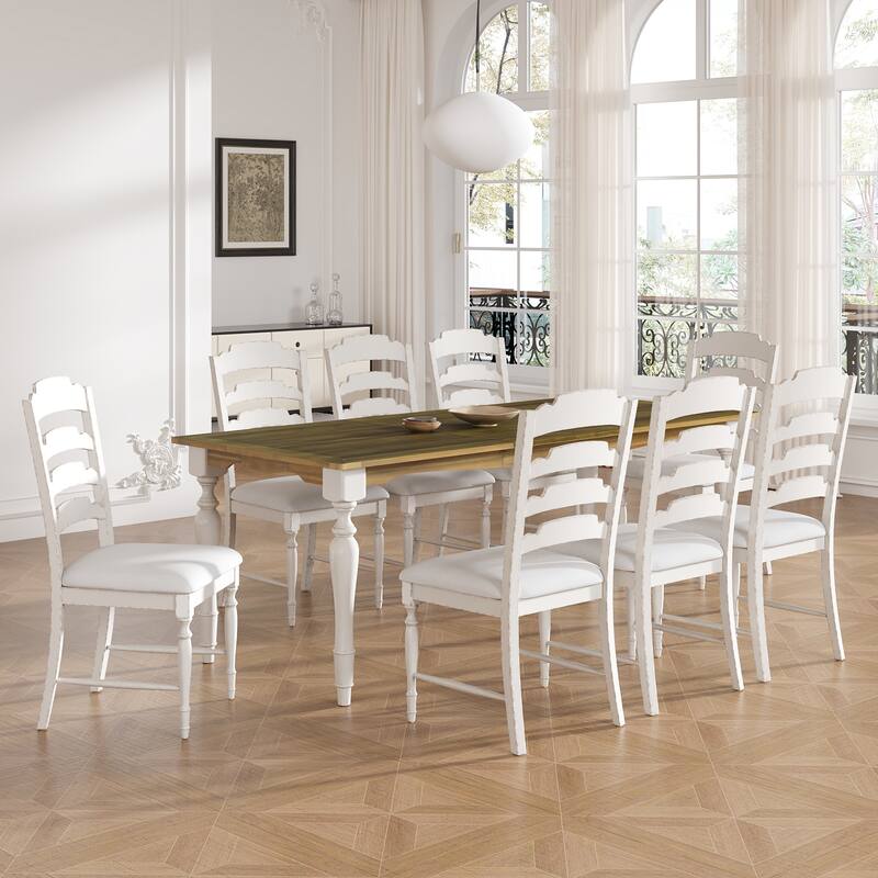 9-Piece Extendable Dining Table Set with 8 Upholstered Dining Chairs - Brown/White