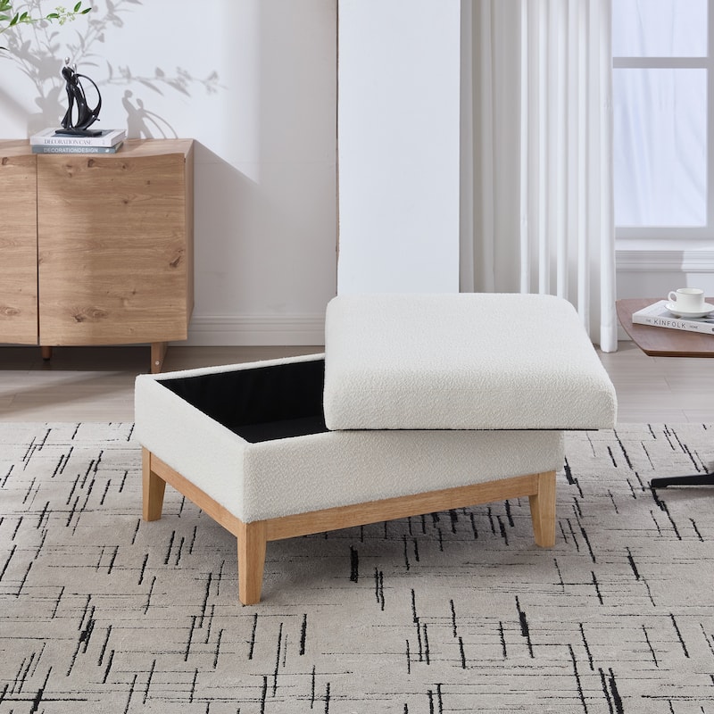 Roomfitters Storage Ottoman, Boucle Coffee Table Footstool with Reversible Lid and Wood Base for Living Room or Bedroom