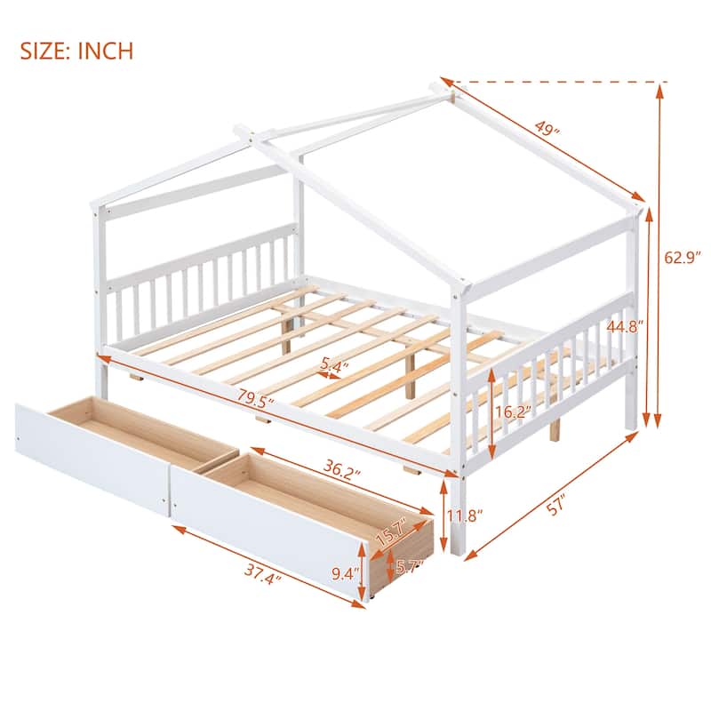 Full Size Wooden House Bed with Storage Drawers - Imaginative Kids Bed Frame