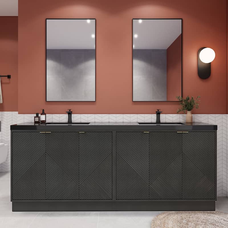 Milano 84" Freestanding Bathroom Vanity with Double Black Acrylic Sink - 83.46" x 19.49" x 35.46'' - Black