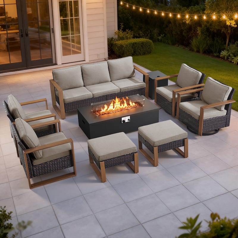 Meyreso Wicker Outdoor Patio Fire Pit Set with Swivel Gliders and 4.5-Inch Olefin Cushions - Brown / Beige Cushions - 8-Piece