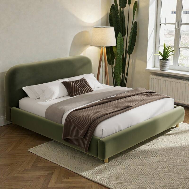 Upholstered Platform Bed with Curved Thick Headboard and Solid Wood Legs, Modern Fabric Bed Frame No Box Spring