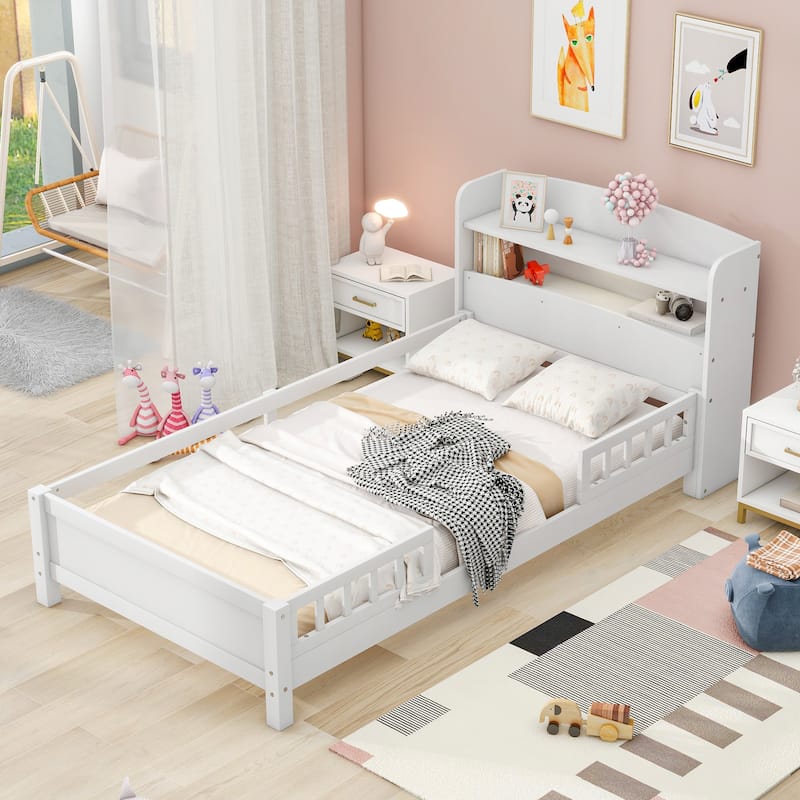 Wood Twin Platform Bed with LED Light, Storage, Guardrail - Classic Style - White
