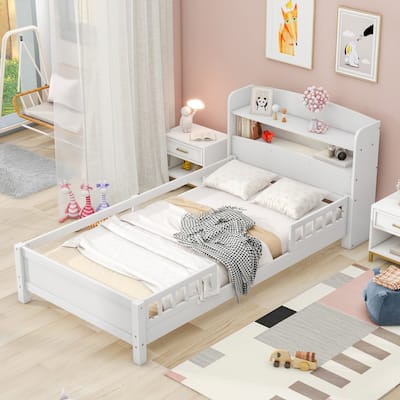 Wood Twin Size Platform Bed with Built-in LED Light, Storage Headboard and Guardrail