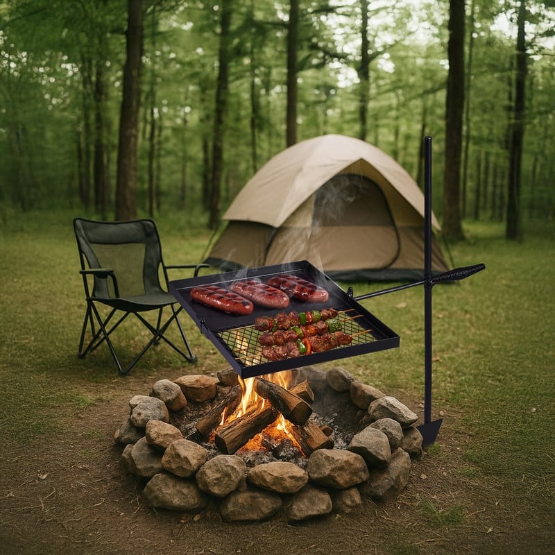 Folding Swivel Campfire Grill Portable Cooking Grate Over Fire Pit