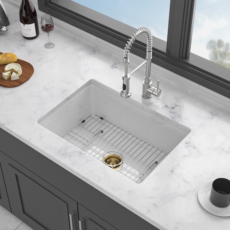 Undermount Single Bowl Fireclay Kitchen Sink - Dual Mount White Porcelain Fireclay Rectangular Deep Single Bowl Sink Basin
