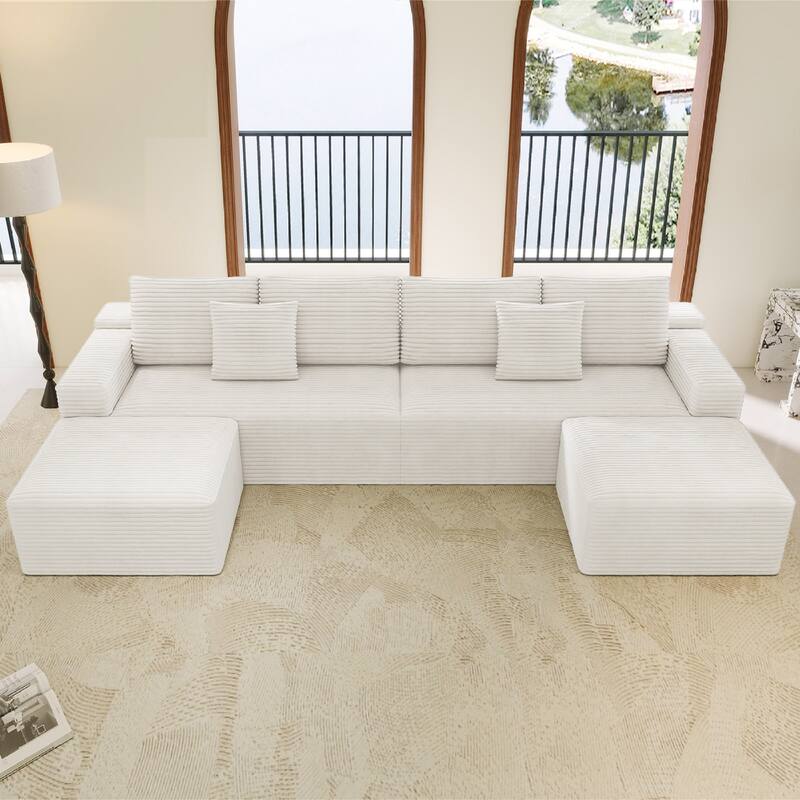 Roomfitters 137.8" Modular Sectional Sofa, 4-Piece Compressed Cloud Couch, No Assembly Required, Plush Corduroy, White