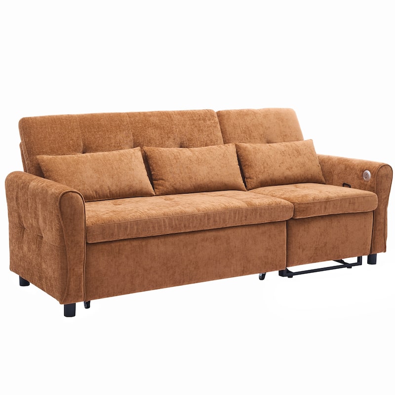 82" 2-in-1 Orange Chenille Three-seater Sofa with Sofa Bed, Reversible Recliner & USB Ports