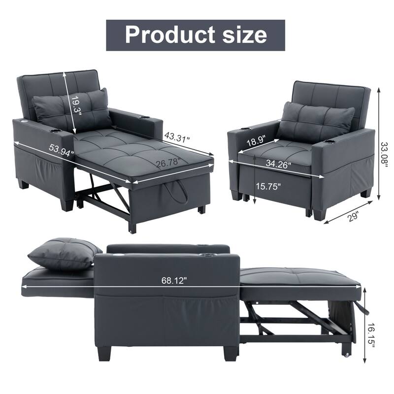 3-in-1 Pull out Convertible Futon Sleeper Armchair Beds with USB Ports