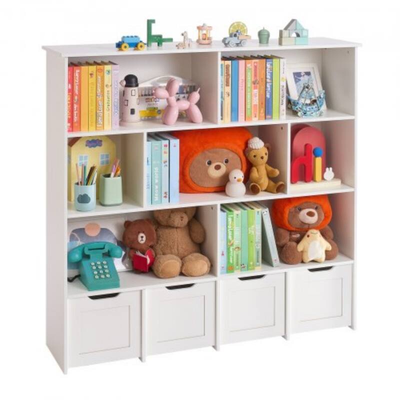 Brown Wooden Toy Storage Organizer with 11 Compartments and 4 Drawers - 49.41 x 12.99 x 46.46 in