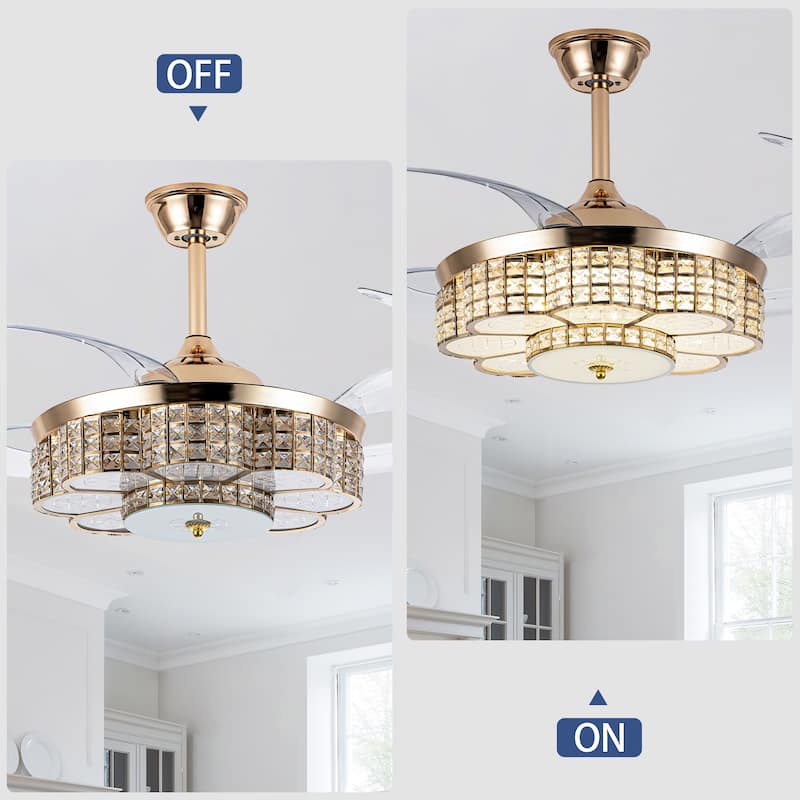 48" Crystal Chandelier Ceiling Fan with Light and Retractable Blades LED Dimmable DC Motor for Bedroom Living Room Kid's Room