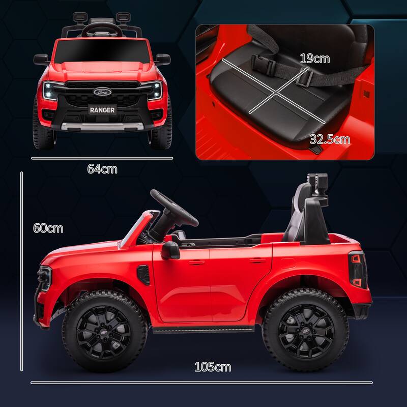 Licensed 12V Ford Ranger Kids Ride On Truck with Remote Control, Music, LED Headlights, and Toy Storage for Ages 3-6
