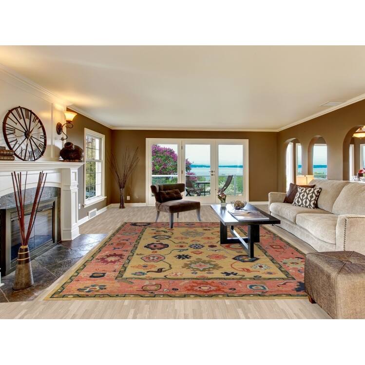 Yellow Oushak Turkish Area Rug Hand-Knotted Vegetable Dye Wool Carpet - 8'11" x 12'11"