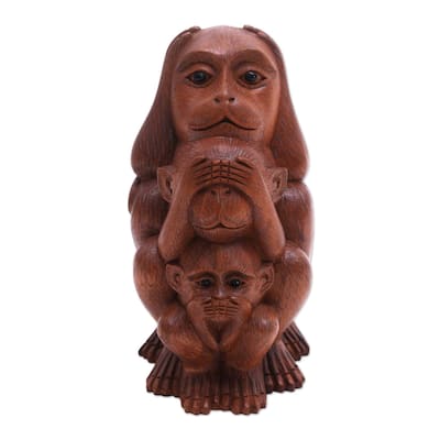 Handmade Three Monkey Sages In Brown Wood Statuette (Indonesia) - 7" H x 3.7" W x 4.9" D