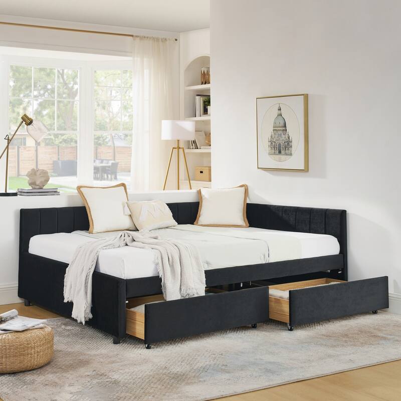 Full Size Upholstered Tufted Bed Frame with Two Drawers and Comfortable Backrest