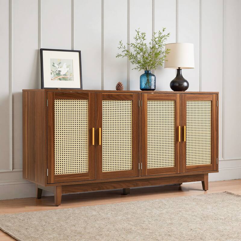 Wood TV Stand for up to 60" TVs with Four Rottan Doors - Walnut