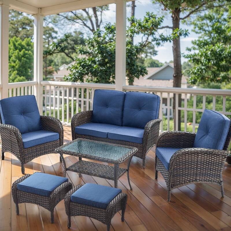 Pocassy Outdoor Loveseat Sofa with Table Funiture Set - Brown Wicker Blue Cushion - 6PCS Loveseat Sofa with Chairs Ottoman