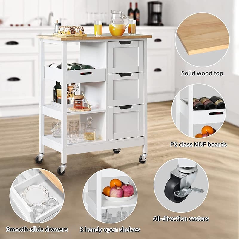 Kleio Solid Wood Top Kitchen Island Storage Cart with 3 Drawers Rolling Serving Trolley Cart