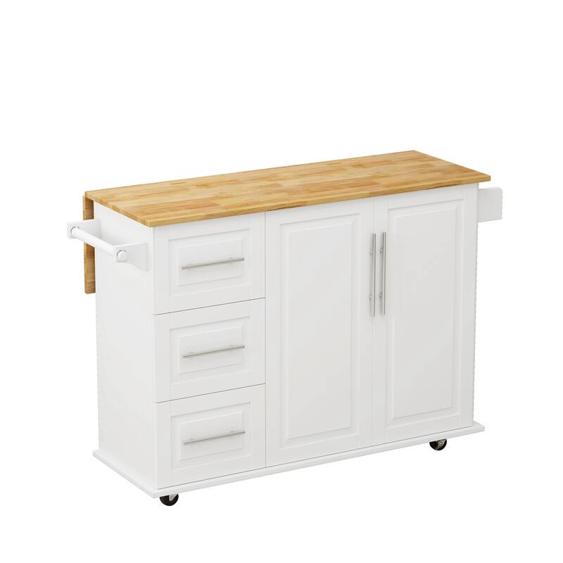 Anmytek Rolling White Kitchen Island Cart with Storage, 2 Doors, 3 Drawers, Spice Rack, Towel Rack, 43.31" Wide