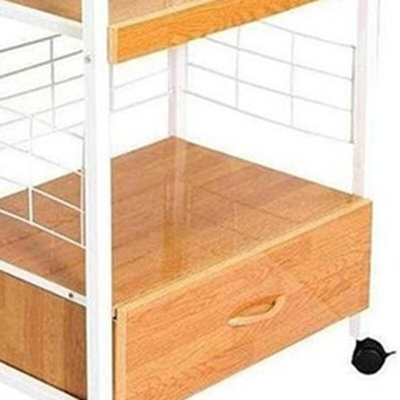 HomeRoots White and Natural 26" Rolling Kitchen Cart With Storage - 25.50 in. x 59.50 in. x 17.00 in.