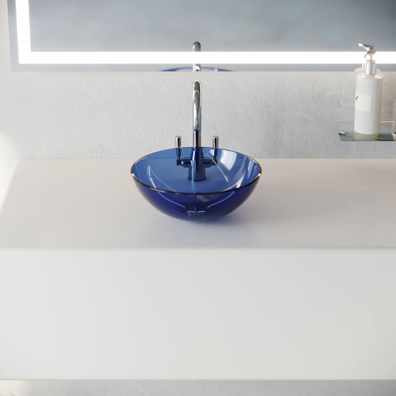 Glass Vessel Sink 11-3/4" Round Blue Tempered Glass Countertop Bathroom Vessel Sink with Chrome Drain Renovators Supply