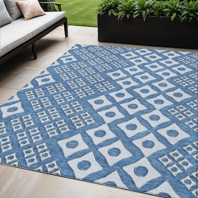 Denim Blue And Light Blue Geometric Washable Indoor Outdoor Area Rug - 5' X 8'