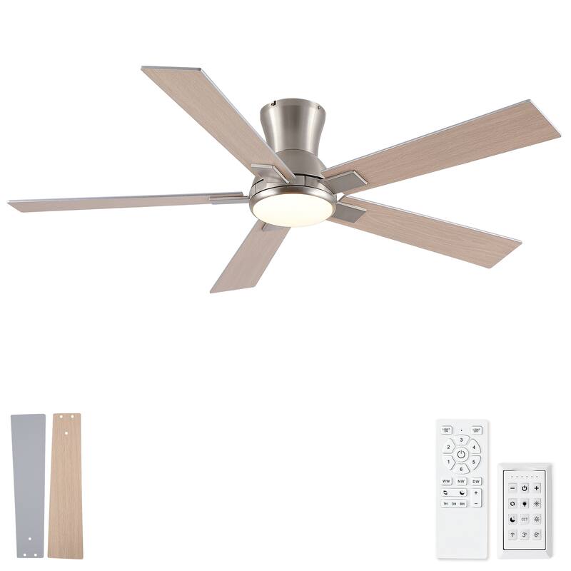 52" Modern Brushed Nickel Finish Reversible Quiet Motor Ceiling Fan with Light and Remote Control