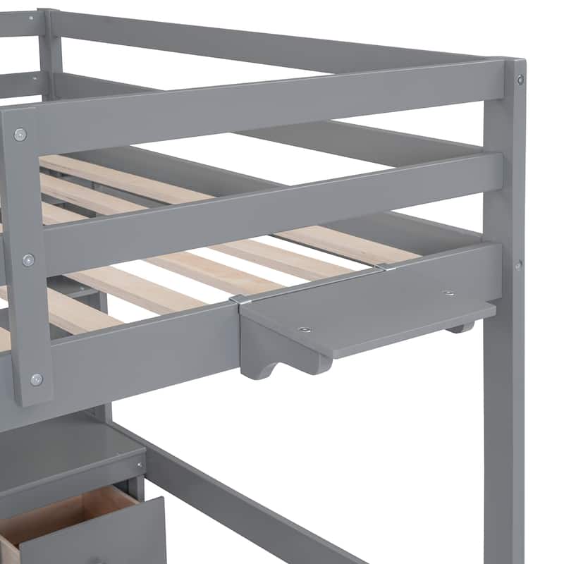 Full Size Wood Loft Bed w/Desk, Cabinets, Drawers, Charging Station