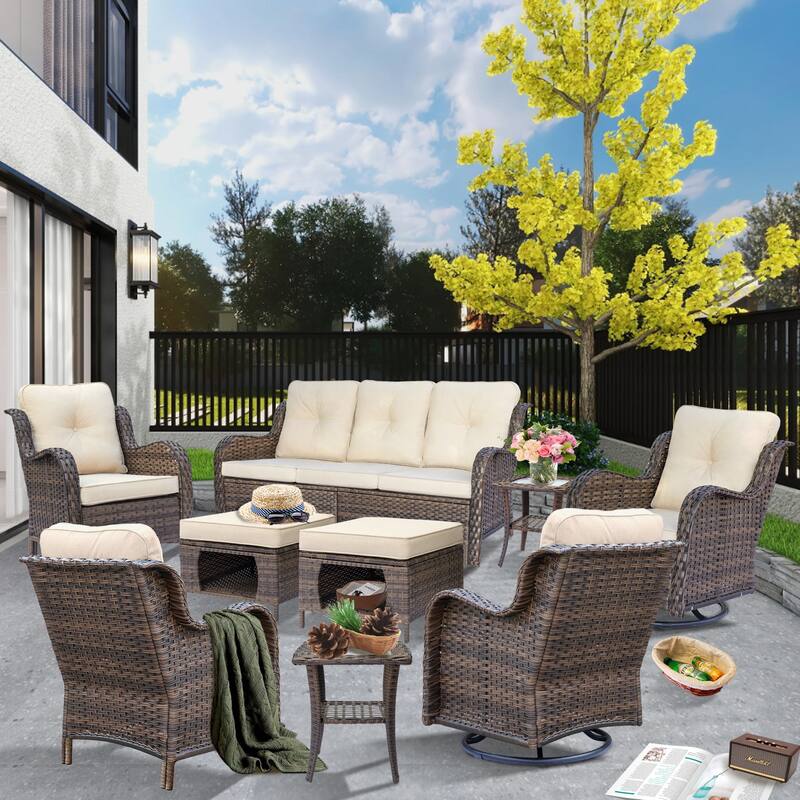 Patio Conversation Sets-Wicker Patio Furniture Sets with Swivel Chairs - 9 Piece - Cream
