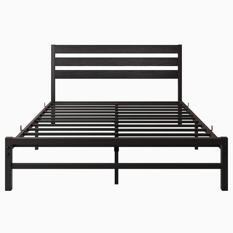 Modern Style Metal Platform Bed with Rustic Vintage Wooden Headboard for Bedroom