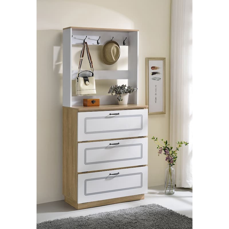 Bruner Light Oak and White Shoe Cabinet with Drop Down Drawer