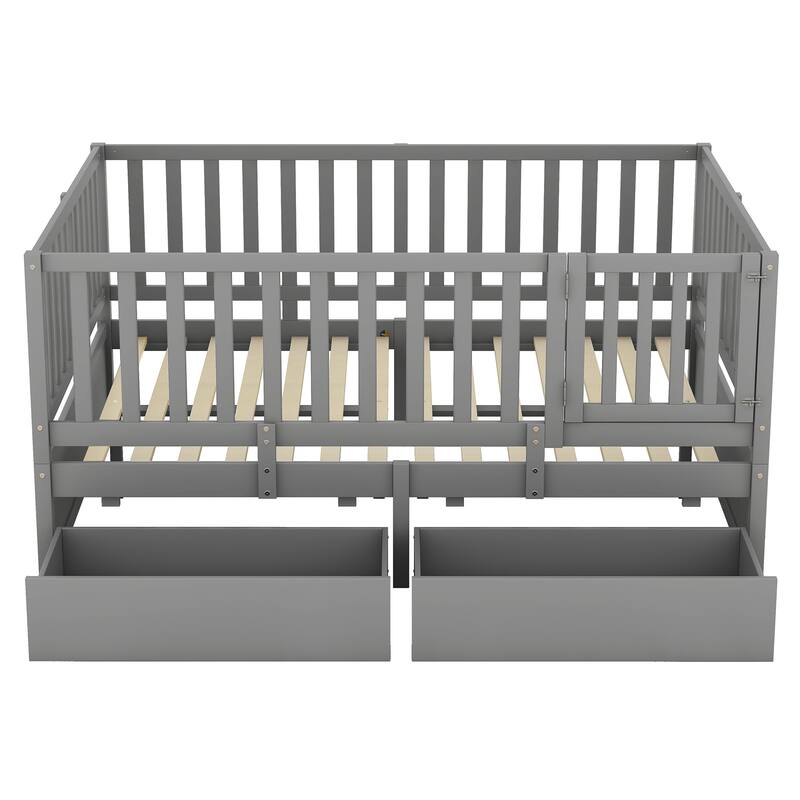 Wood Daybed with Fence Guardrails and 2 Drawers, Split into Independent Floor Bed & Daybed