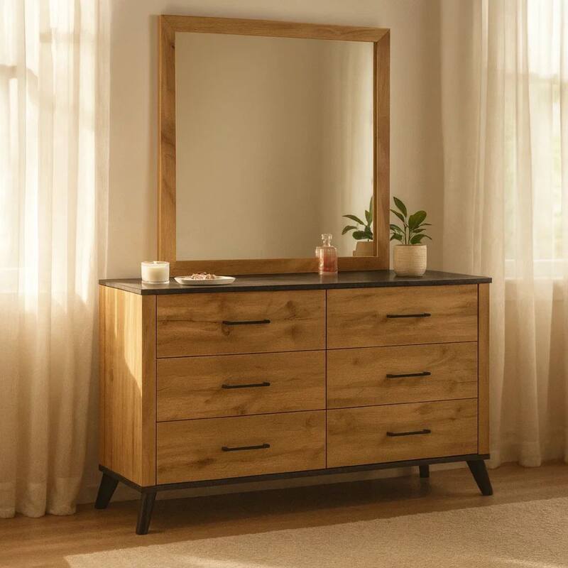 Wemy Wide Dresser with Matching Mirror, 6 Drawers, Brown Wood
