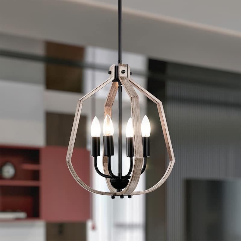 Netu 14 Inch Imitation Wood Grain Finish Pendant with 4 Light - Matte Black and Wood grain
