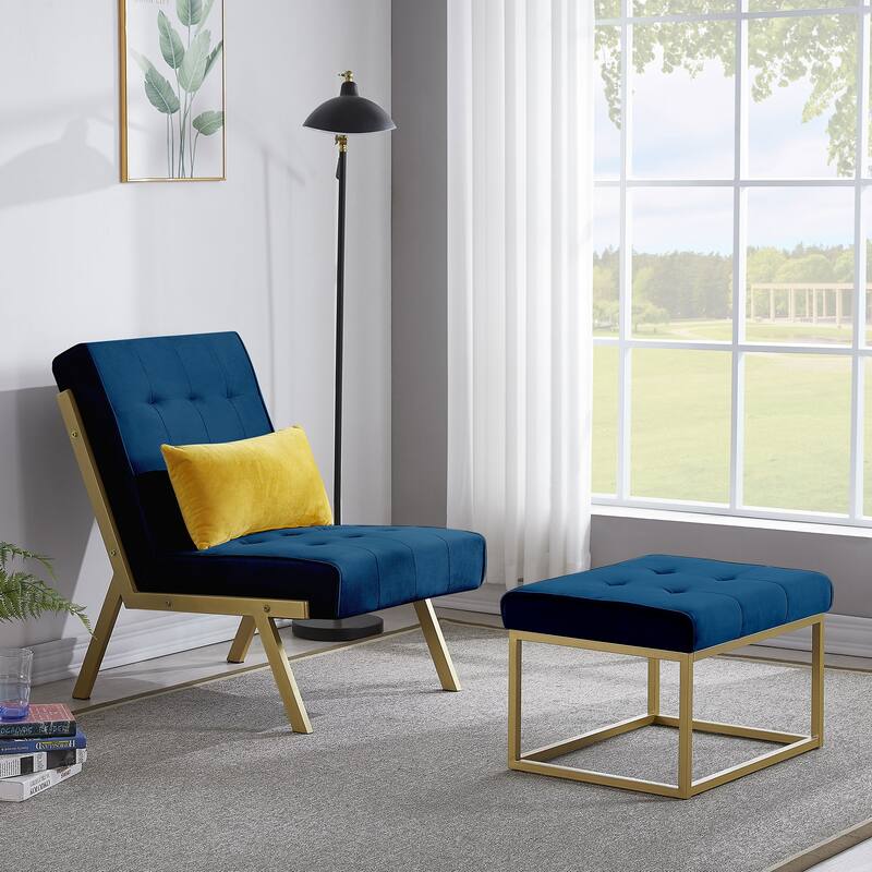 Gold Metal Frame Velvet Accent Chair with Ottoman