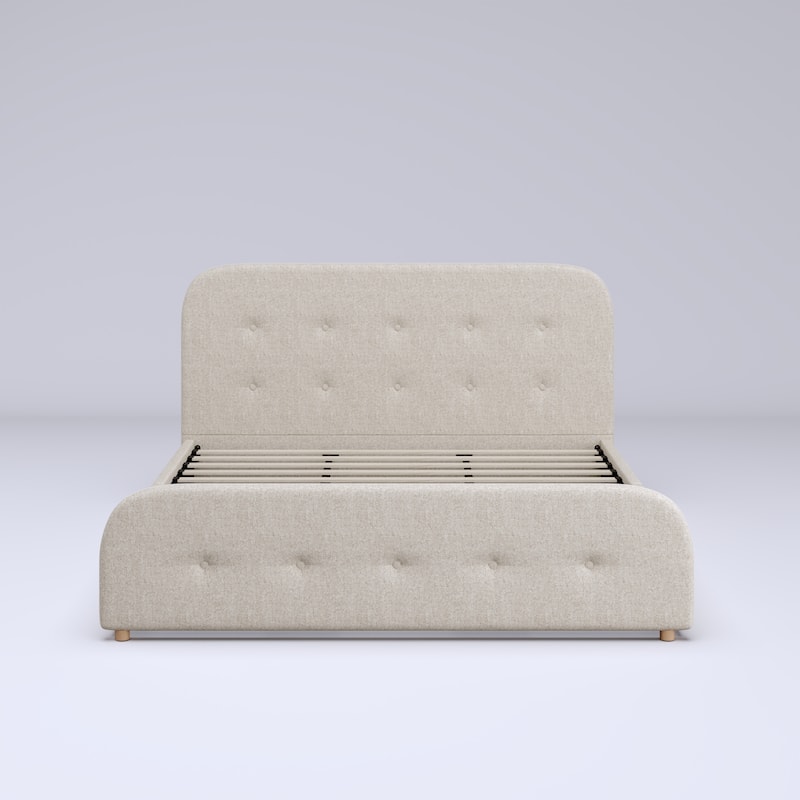 King Size Beige Linen Upholstered Platform Bed Tall Tufted Headboard & High Footboard Minimalist Storage Bed Frame w/Drawers