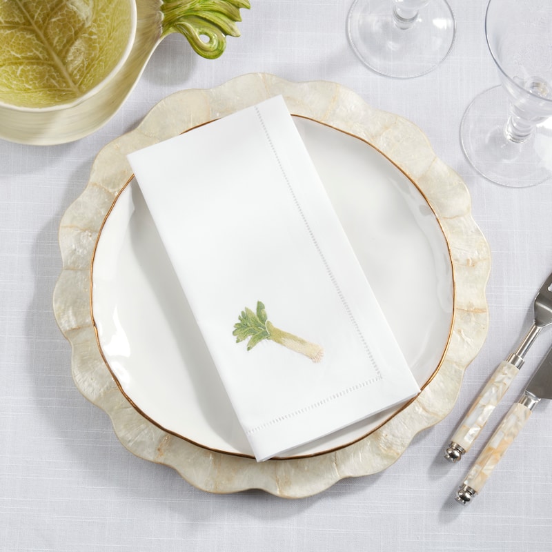 Leek Embroidered Cotton Decorative Napkins (Set of 6) - Botanical Motif Detail for Dining and Entertaining, 20"x20"