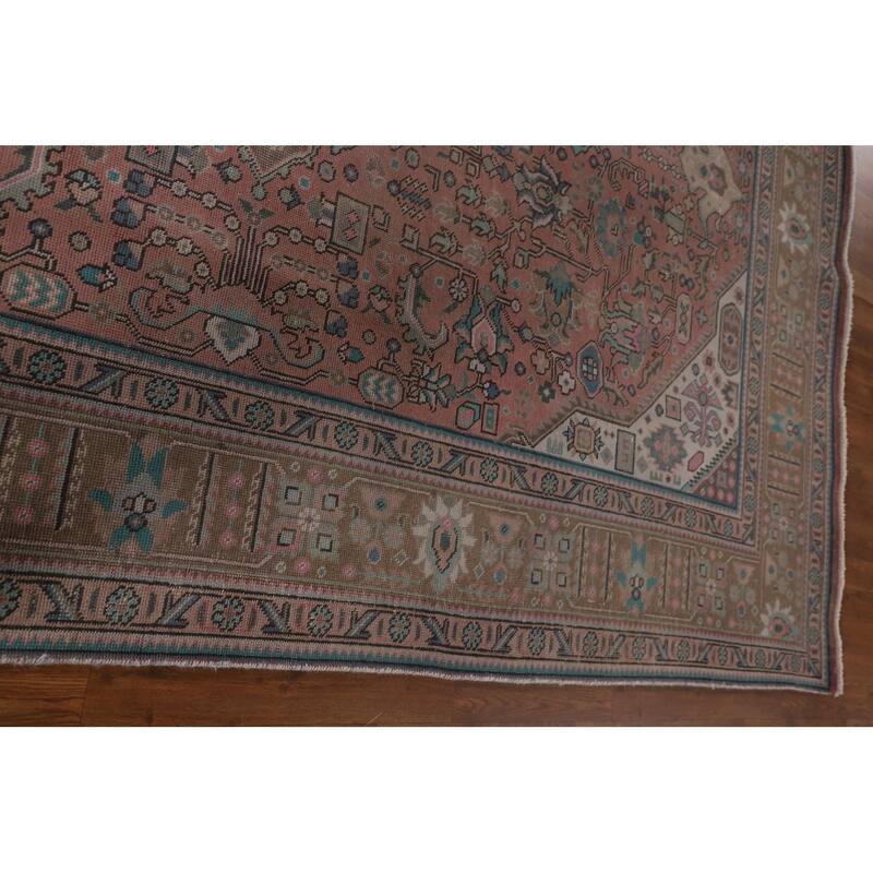 Pink Geometric Tabriz Persian Vintage Area Rug Handmade Wool Carpet - 7'10" x 11'0"