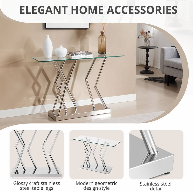 Tempered Glass Top Console Table, Entryway Sofa Table with Metal Base - 43.3"L x 15.8"W x 29.9"H