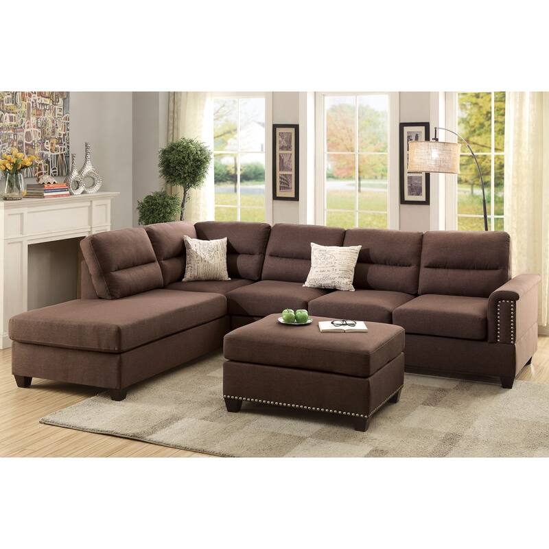 Bobkona Toffy Left or Right Hand Chaise Sectional with Ottoman Set - Espresso