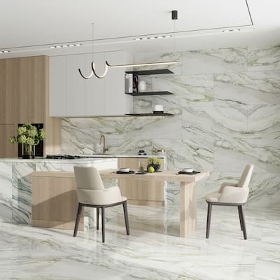 Apollo tile 24" x 48" Splendor Matte Soft White with Sage Green Vein Porcelain Tile (15.42 sq ft/case) - 2 Pack