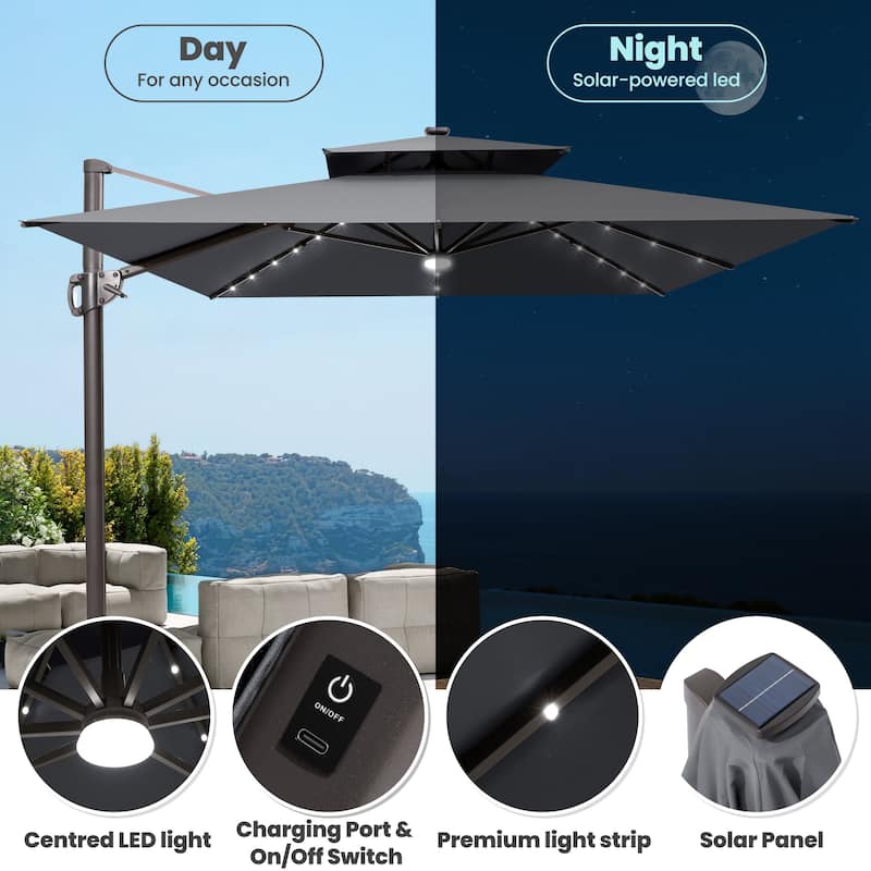 9 x 11 FT Outdoor LED Lighted Double Top Patio Cantilever Umbrella with Base