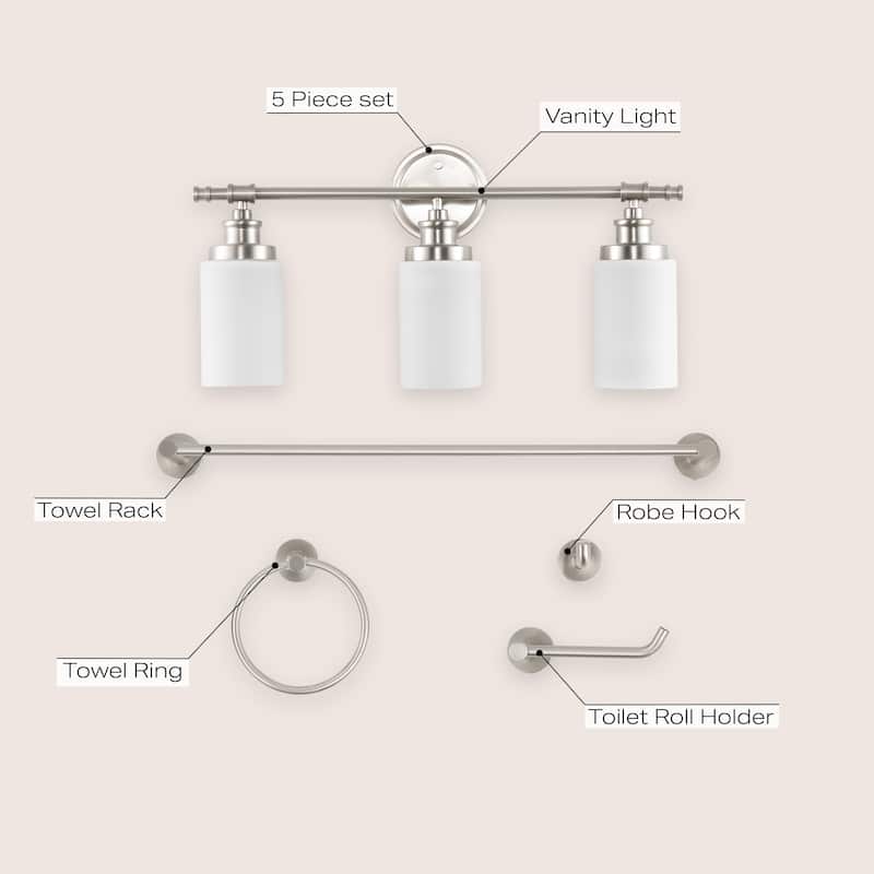 Hugo 23.25" 3-Light Classic Vanity Light with Frosted Glass Shades and Bathroom Hardware Accessory Set, (5-Piece) by JONATHAN Y