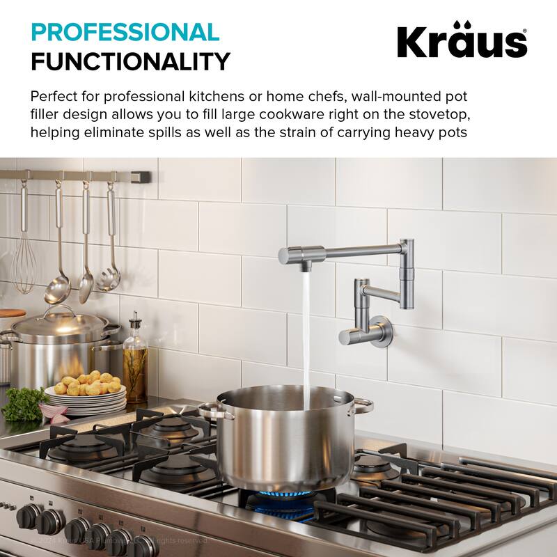 KRAUS Bolden 2 Handle Wall Mount Pot Filler Faucet w/ Retractable Arm