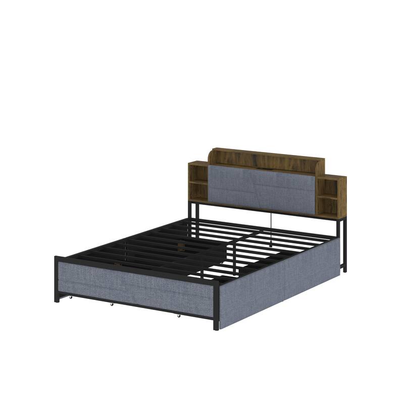 French Queen Size Bed Frame Platform with Brown/Black Storage Headboard & 4 Storage Drawers