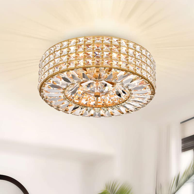 Jolie 4-light Crystal and Prism Round Flush Mount - Glossy Brass